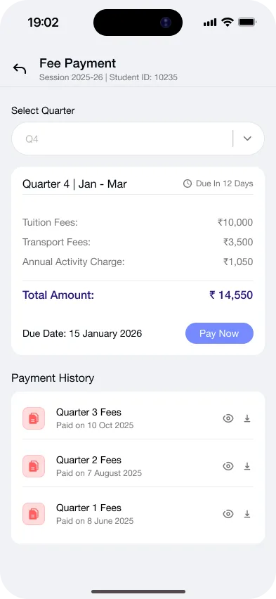 Gyanama parent app fee payment screen with UPI and card options
