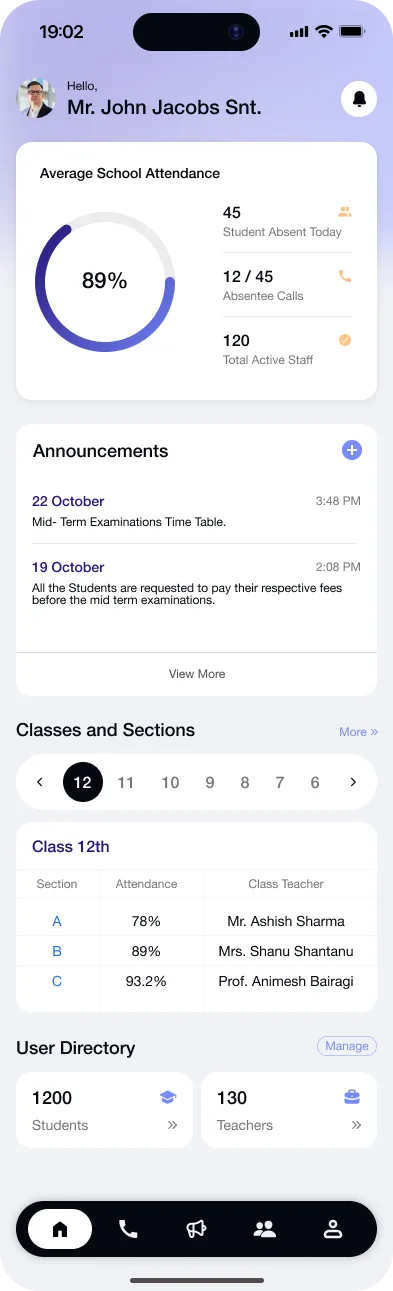 Gyanama principal dashboard showing live school attention items